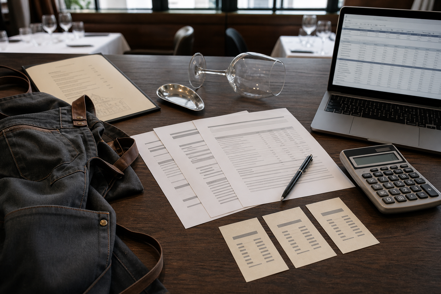 Vue plongeante d’un bureau CHR avec documents de paie, calculatrice et éléments de service, illustrant la contribution conventionnelle formation HCR 2026–2028.