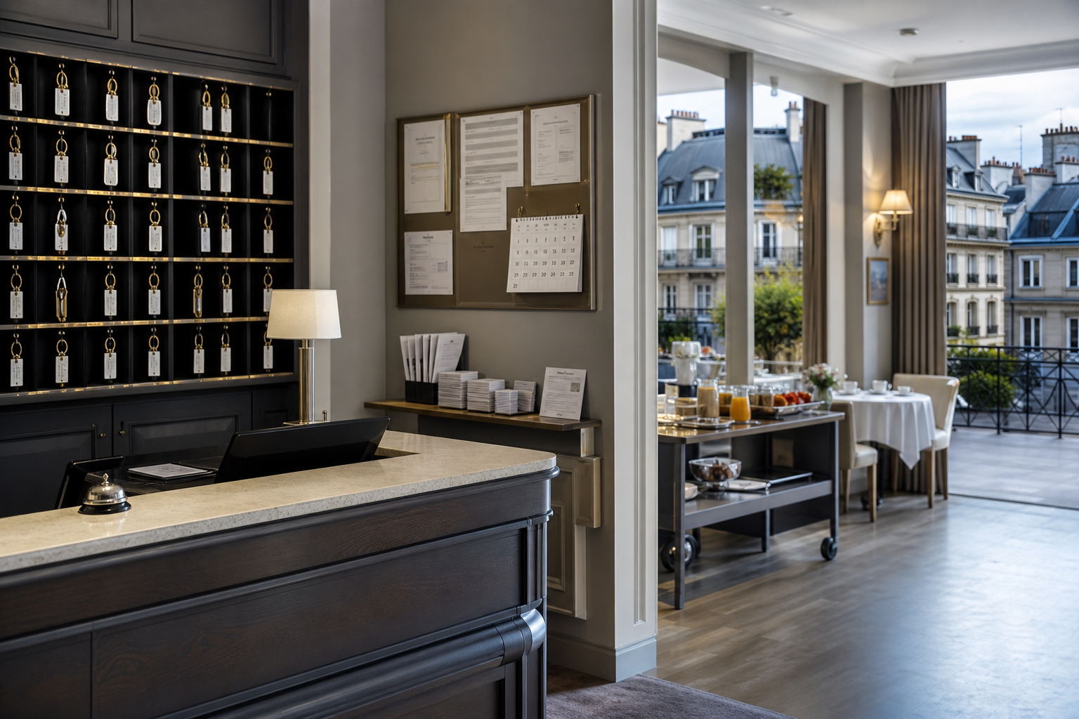 Hall d’hôtel français avec comptoir de réception, clés et documents administratifs flous, illustrant l’impact de la loi Le Meur sur les meublés de tourisme