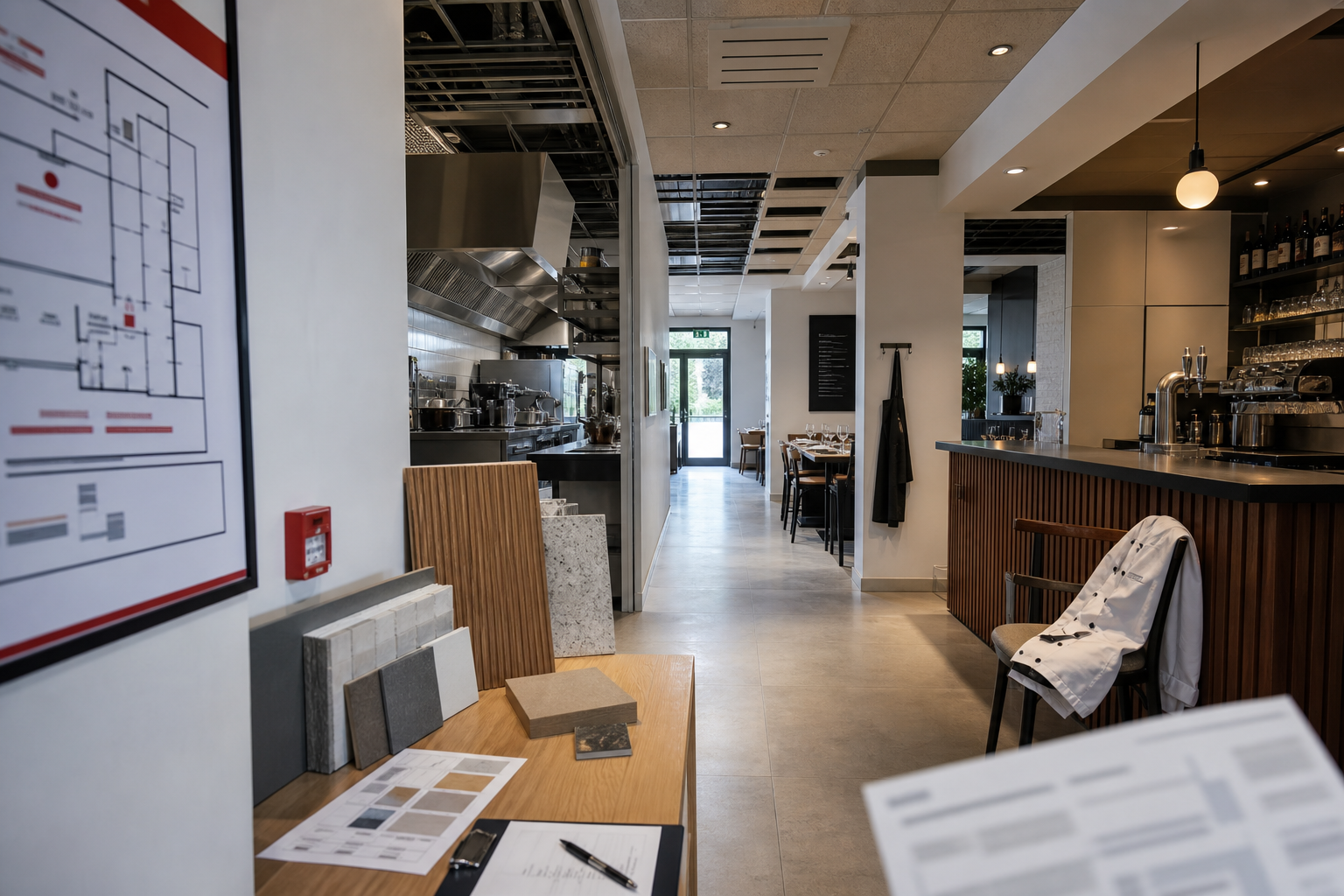 Intérieur de restaurant CHR en rénovation avec plan de sécurité incendie à l’entrée, cuisine inox et matériaux de travaux visibles pour illustrer la réforme sécurité incendie ERP 2026.