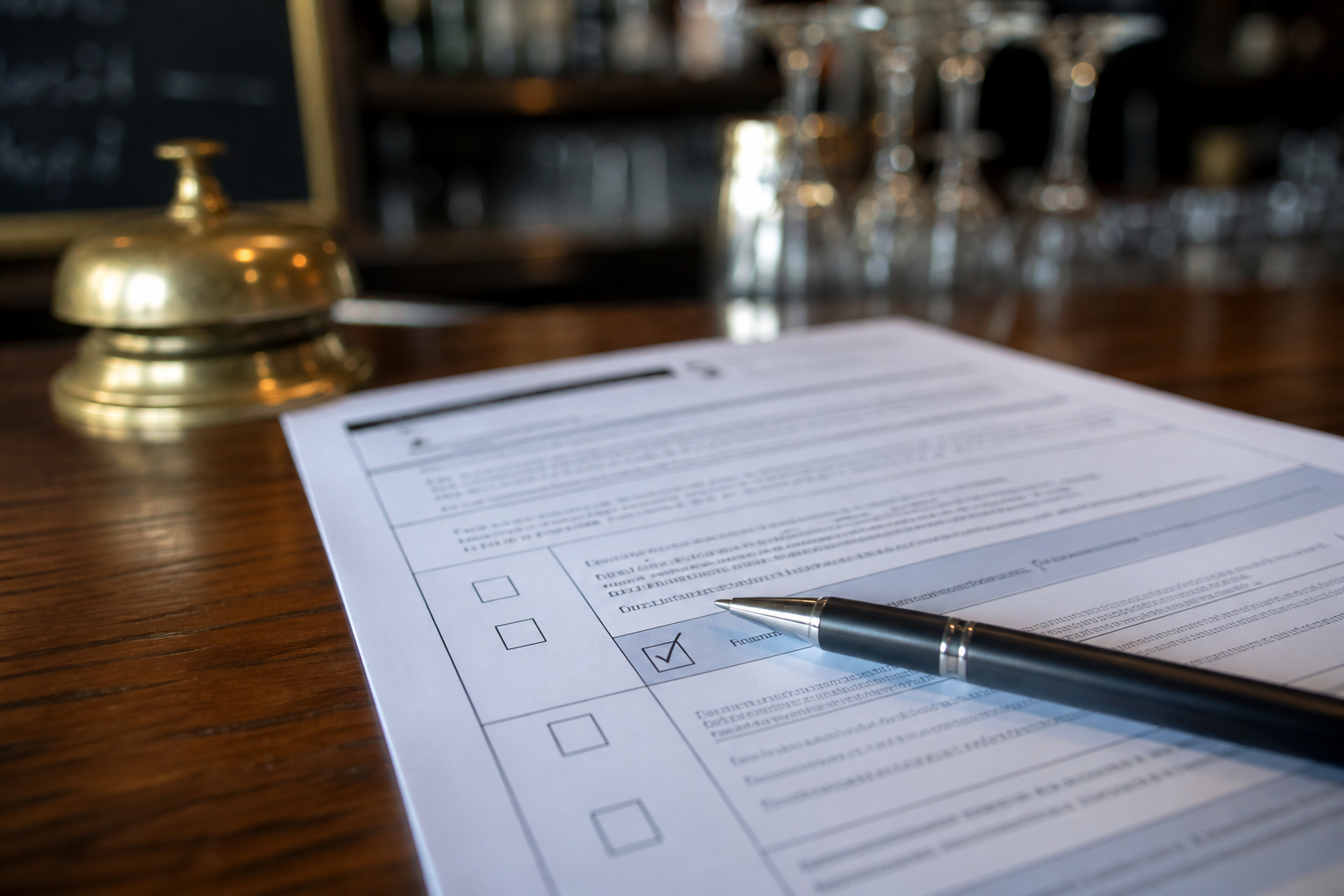 Gros plan sur un formulaire municipal coché sur un comptoir de bar, avec verrerie floue en arrière-plan.