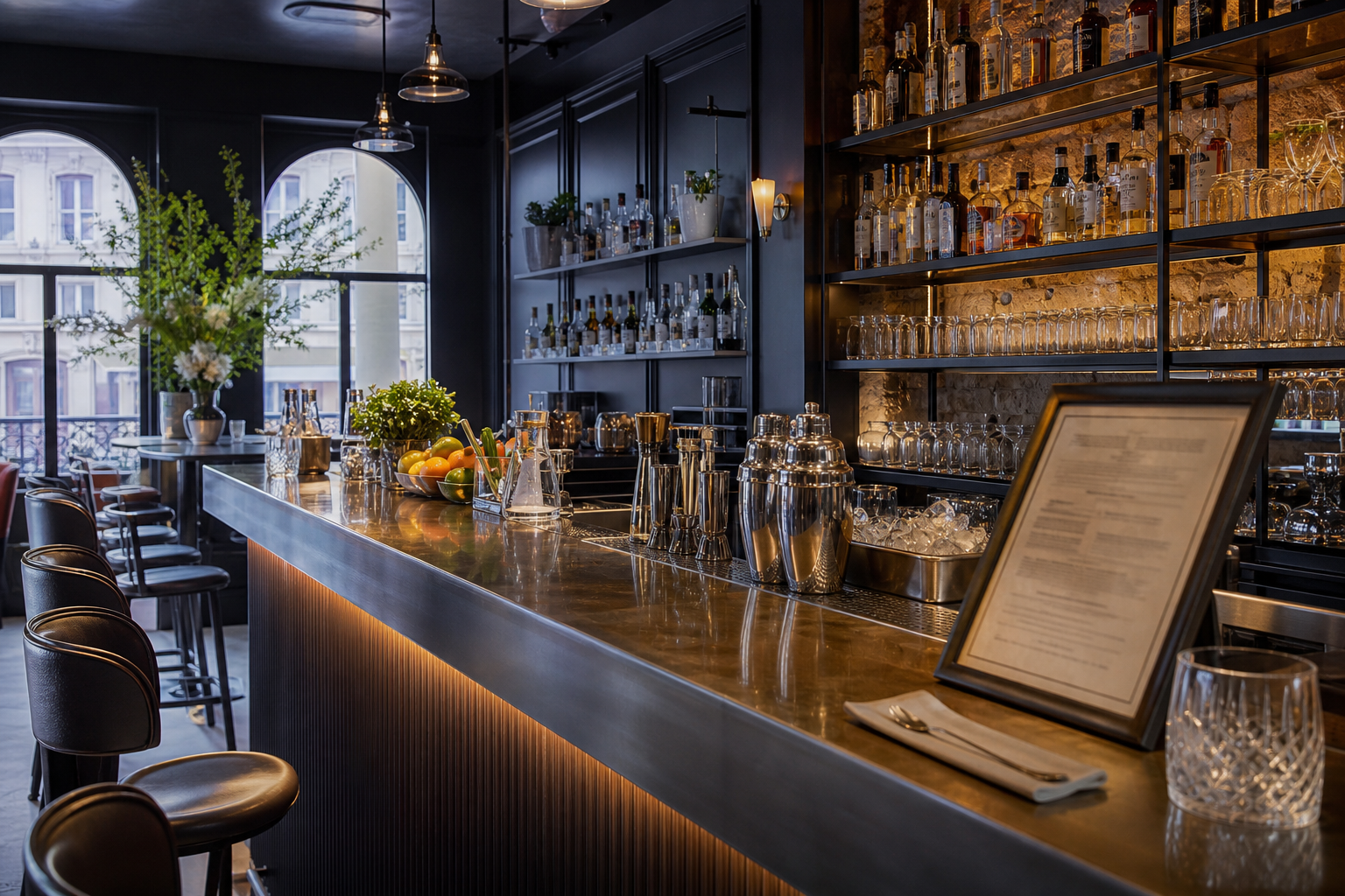 Bar à cocktails haut de gamme en cours d’ouverture, avec comptoir équipé, verrerie, shakers et ambiance CHR française avant le service.