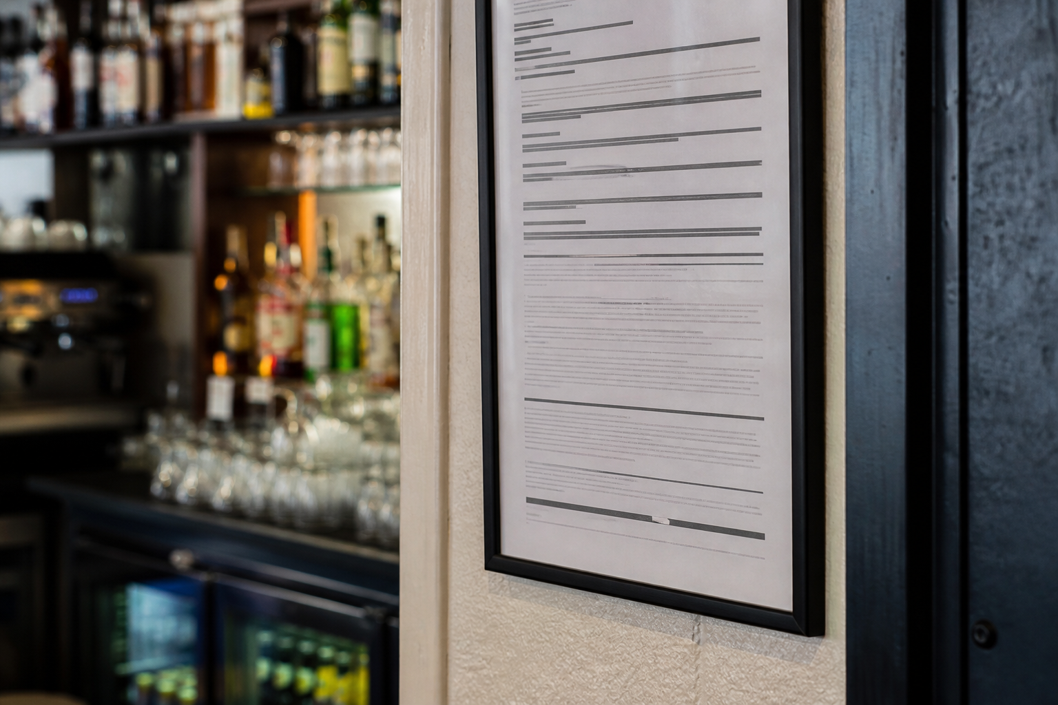 Affichage réglementaire encadré près d’un bar, avec comptoir et verrerie flous en arrière-plan dans un établissement CHR.