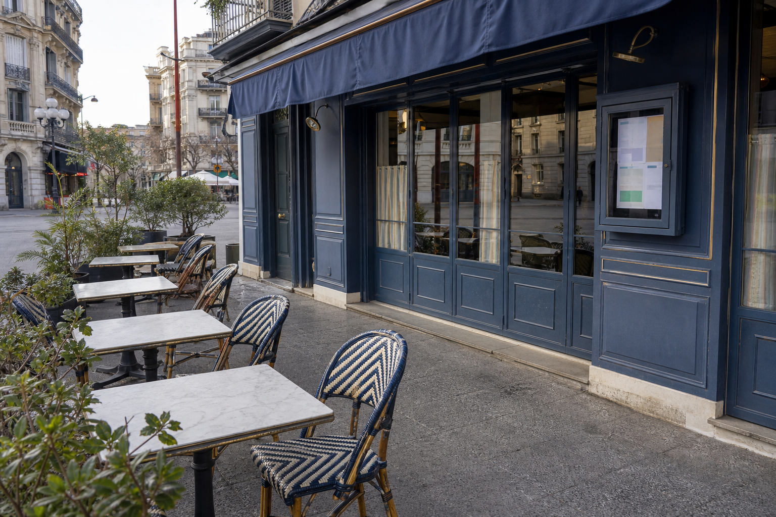 Façade de restaurant niçois avec terrasse vide et signalétique discrète, évoquant une demande d’autorisation locale.