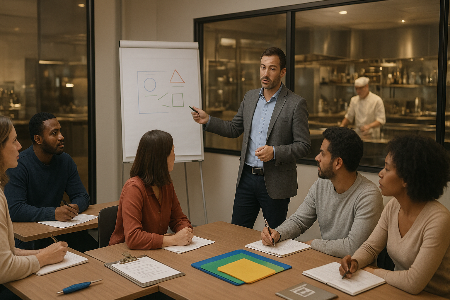 Formateur animant une session de formation professionnelle CHR avec adultes en salle, matériel HACCP visible et cuisine/bar professionnel en arrière-plan, format paysage 16:9