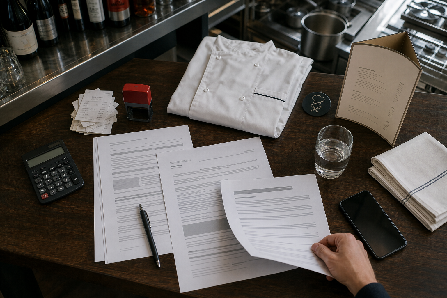 Vue plongeante d’un bureau CHR avec contrat d’assurance, calculatrice, menu plié et rappels de conformité pour vérifier les garanties d’un restaurant.