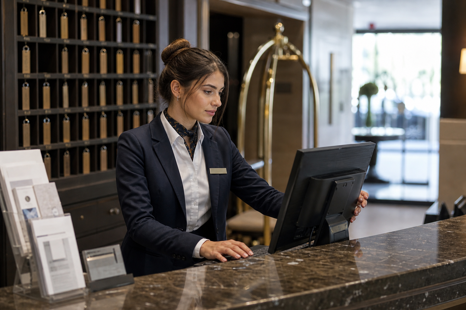 Réceptionniste d’hôtel en alternance derrière un comptoir de réception, dans un hôtel français, avec ambiance professionnelle et clés visibles.