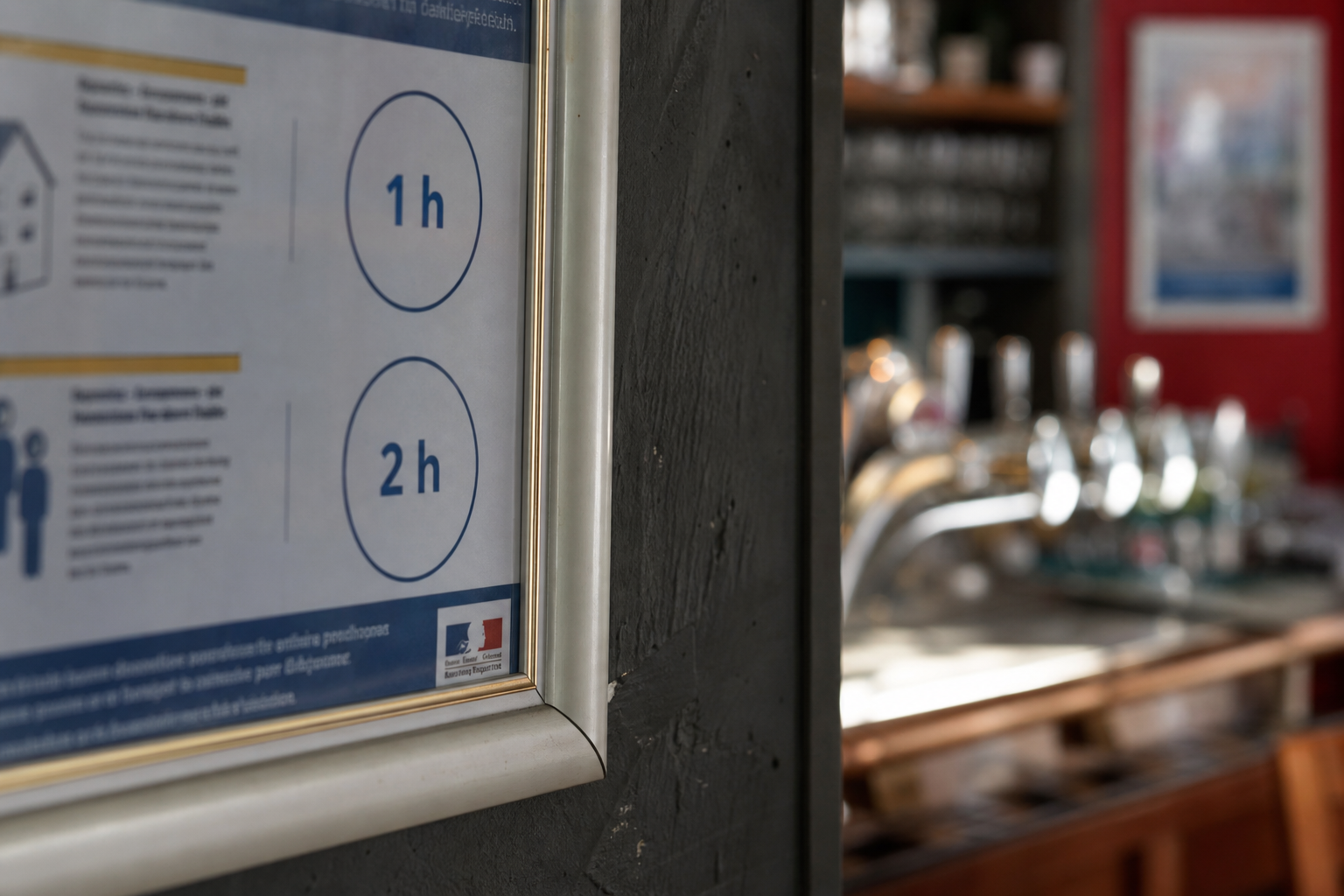 Gros plan sur un affichage d’horaires dans un bar, avec comptoir et verrerie flous en arrière-plan.