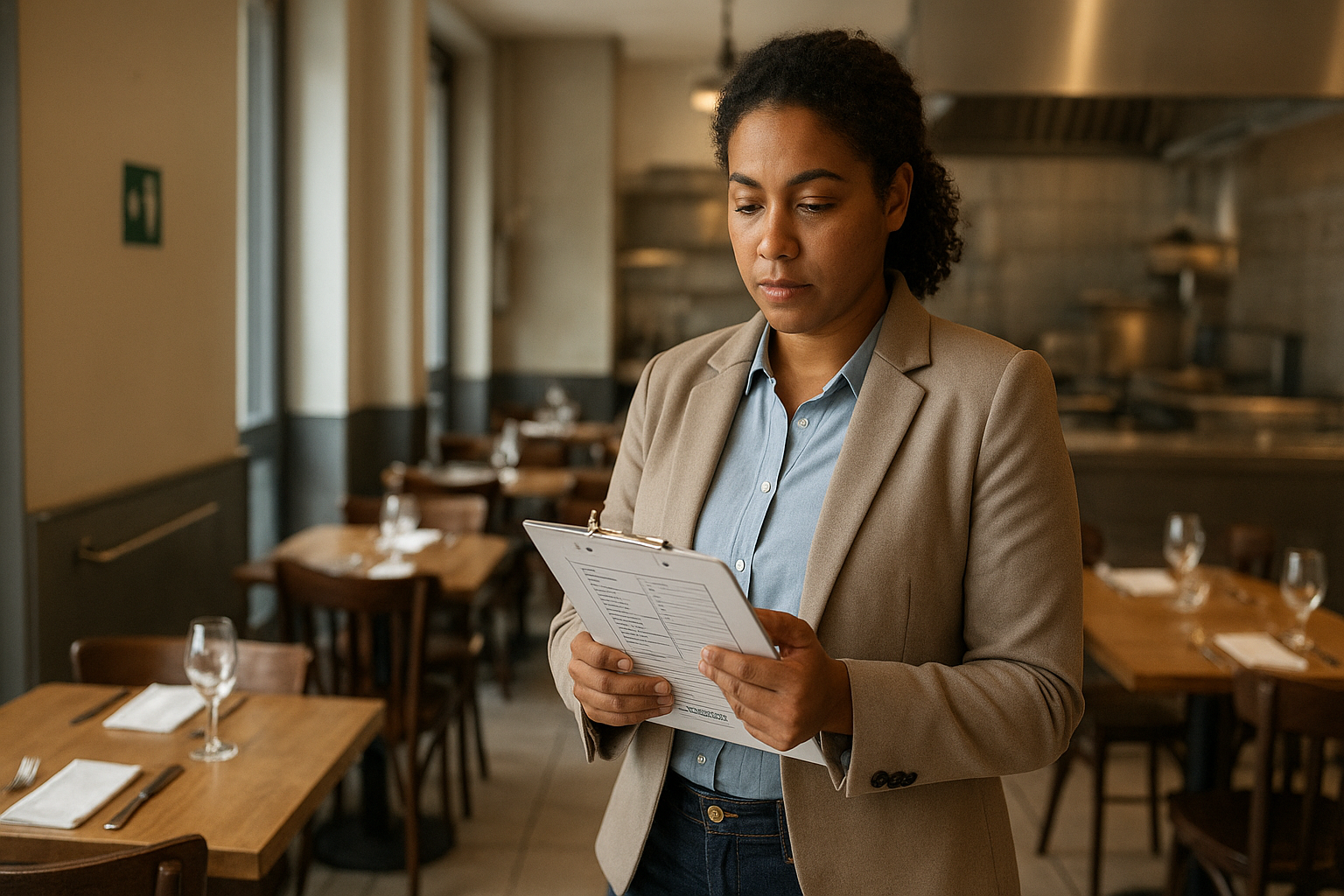 Porteur de projet dans un restaurant avant ouverture, contrôlant une checklist de conformité (licences, hygiène, ERP, sécurité) avec cuisine professionnelle en arrière-plan.