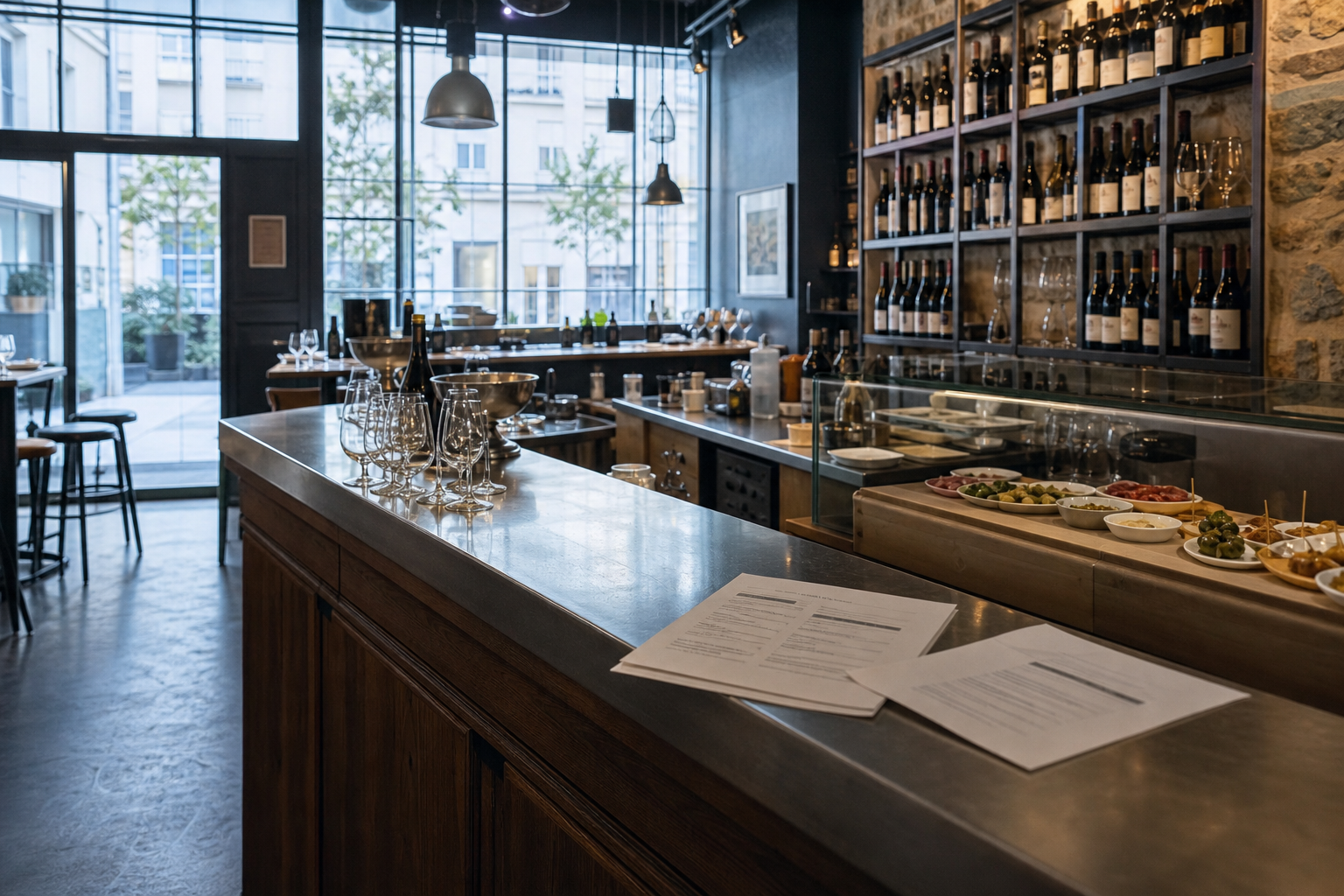 Intérieur photo-réaliste d’un bar à vin avec tapas avant ouverture, avec comptoir, verres, bouteilles et ambiance professionnelle en France.