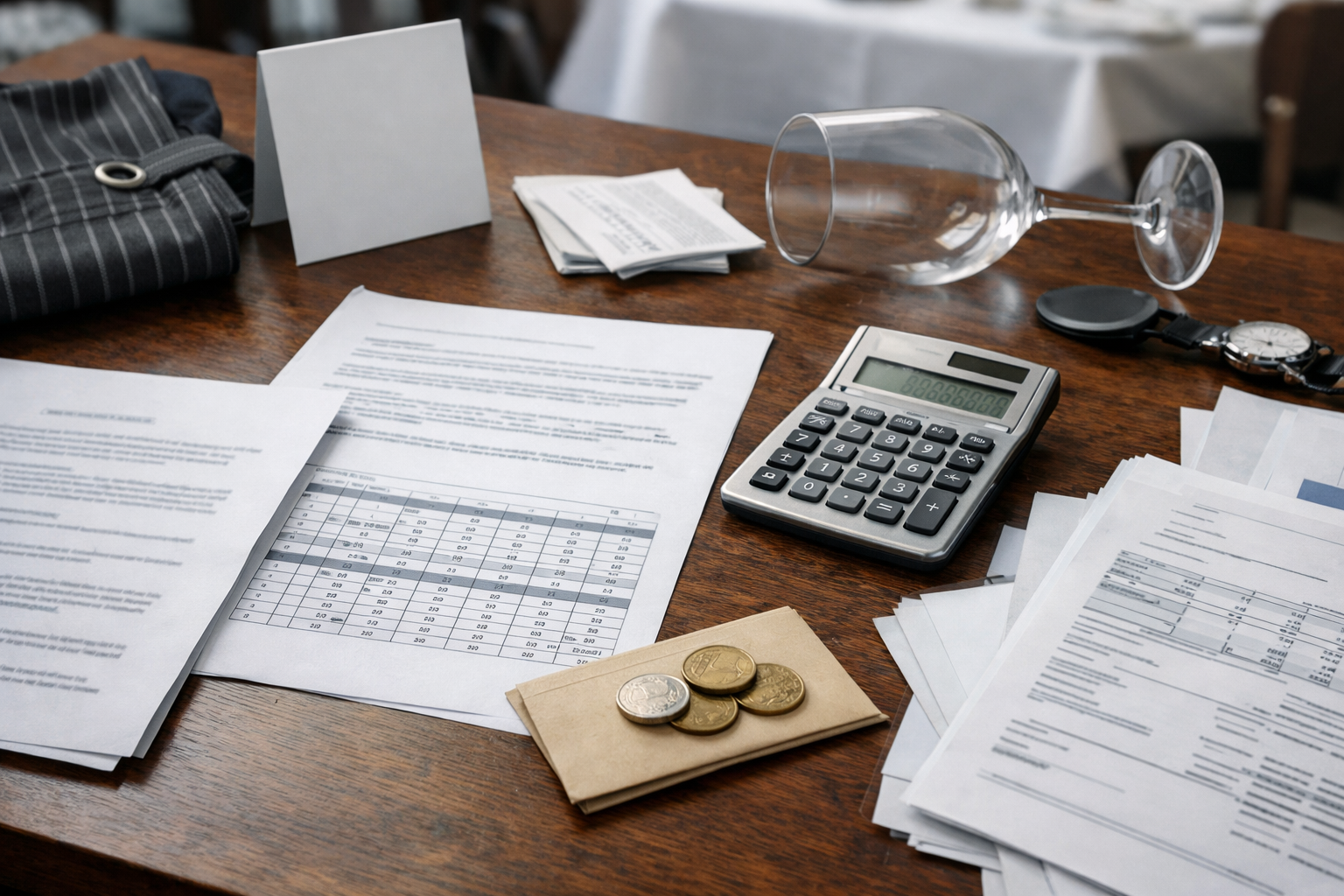 Vue plongeante d’un bureau CHR avec planning, calculatrice, documents de paie, pourboires et accessoires de restaurant pour illustrer les droits des salariés en 2026.