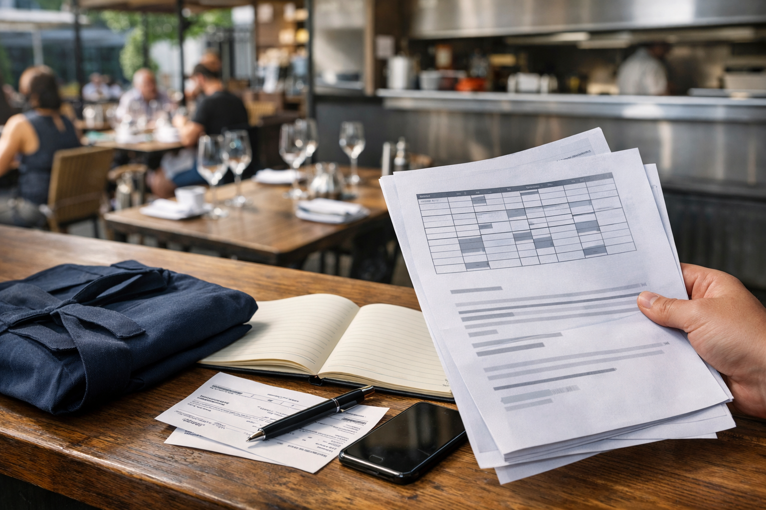 Employé saisonnier du CHR sur une terrasse de restaurant, avec documents de contrat, planning, stylo et ambiance de restauration française en arrière-plan.