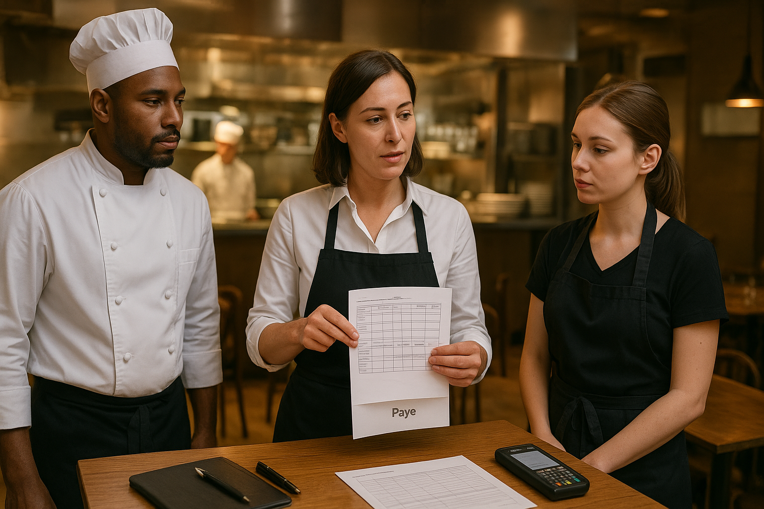 Débrief d’équipe en restaurant français : manager montrant un planning et une fiche de paie à une serveuse et un cuisinier, ambiance professionnelle CHR