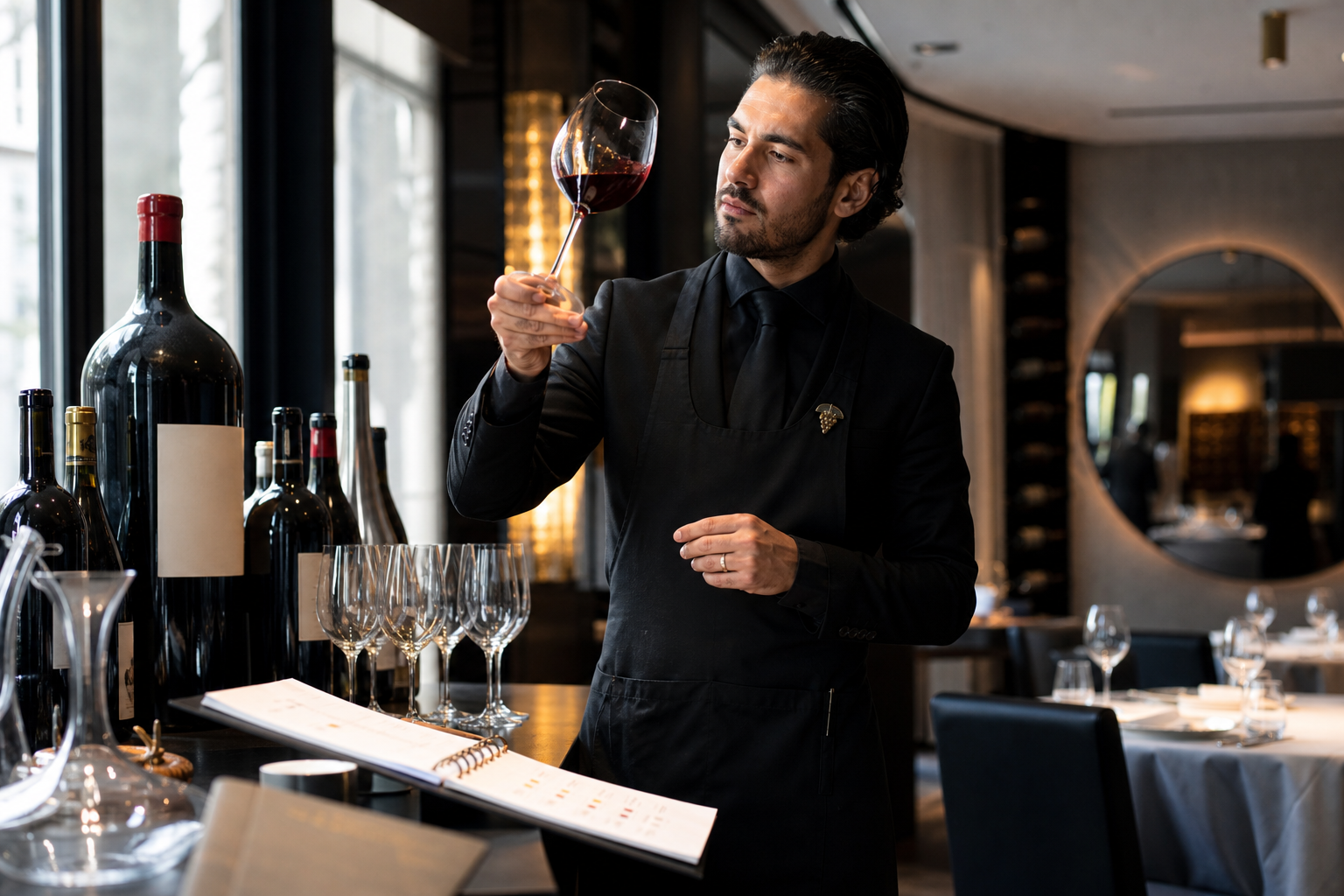 Sommelier professionnel en restaurant gastronomique dégustant un vin près d’une station de service, avec bouteilles et verrerie en arrière-plan