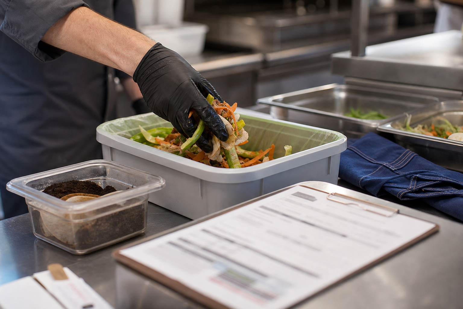 Cuisine professionnelle triant les biodéchets dans un bac dédié, avec détails de traçabilité et ambiance CHR réaliste