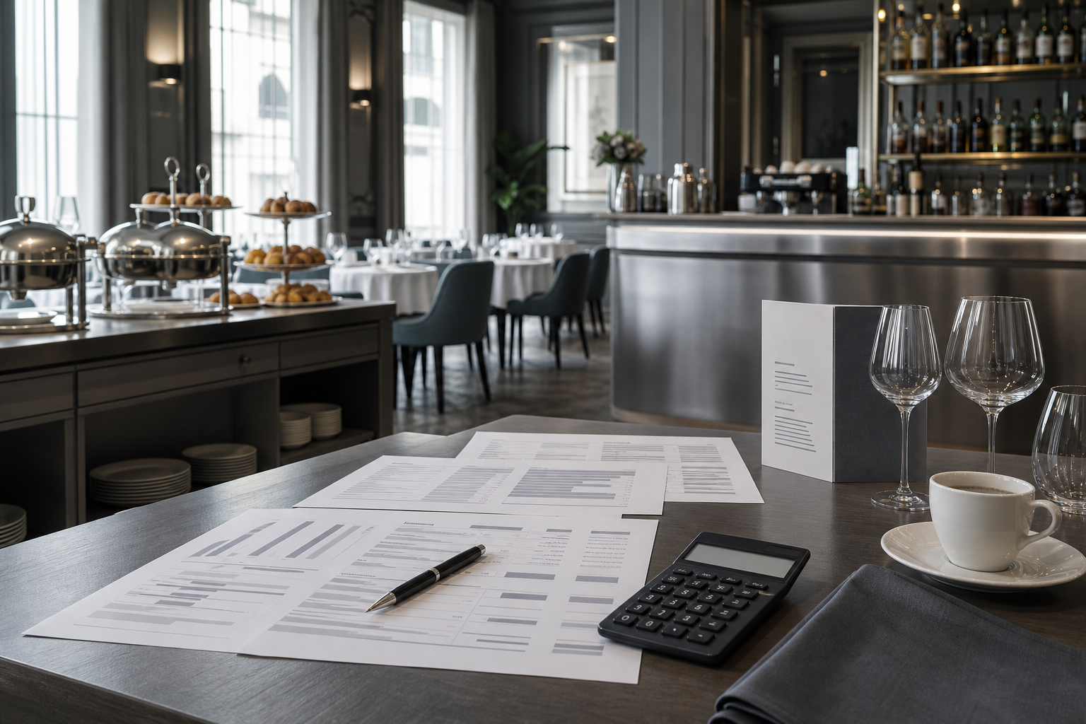 Vue éditoriale d’un hôtel français avec buffet petit-déjeuner, bar et salle de restaurant, documents financiers flous et ambiance de pilotage F&B