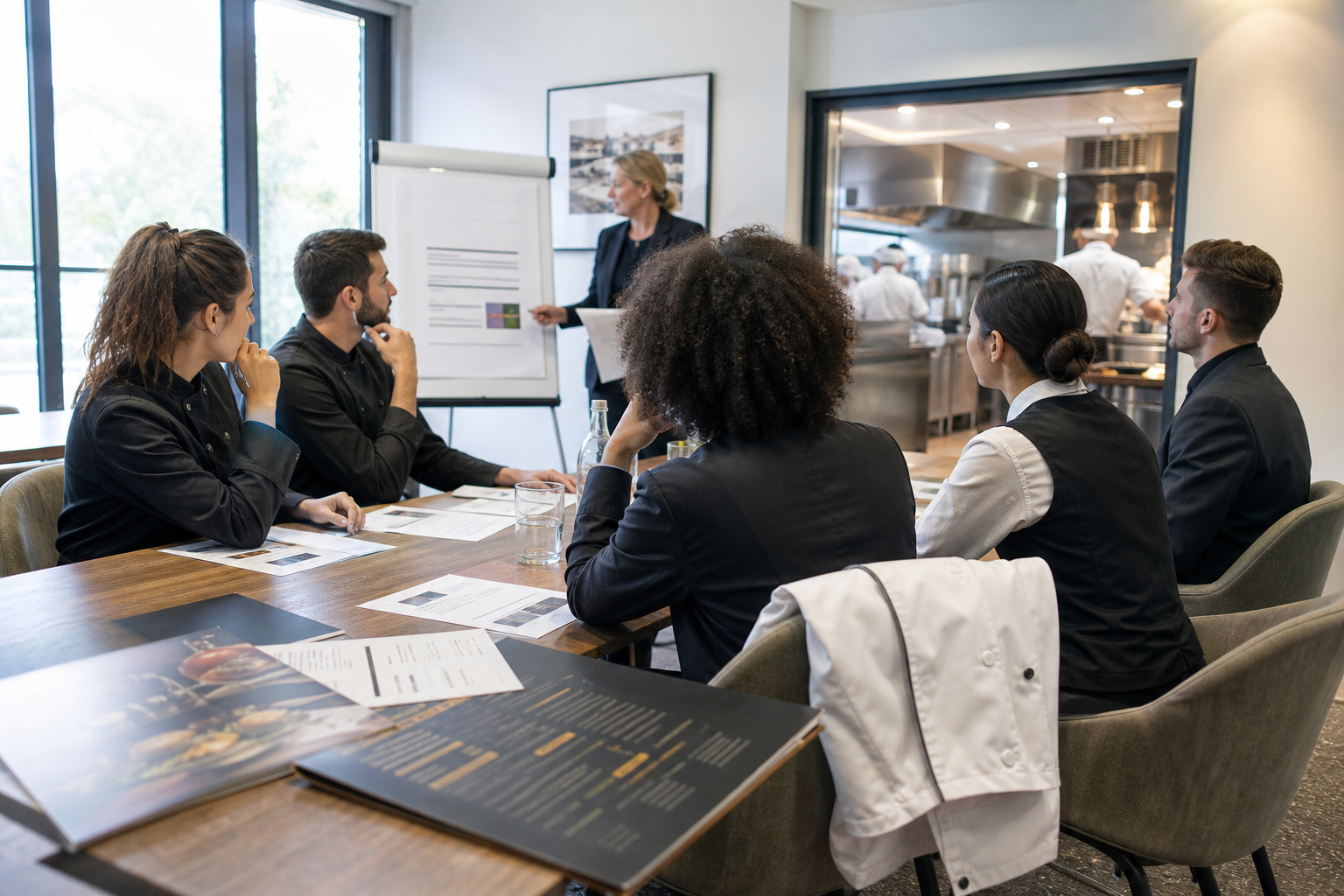 Session de formation POEC dans le CHR avec stagiaires adultes, formateur et ancrages restaurant, illustrant le recrutement avant embauche