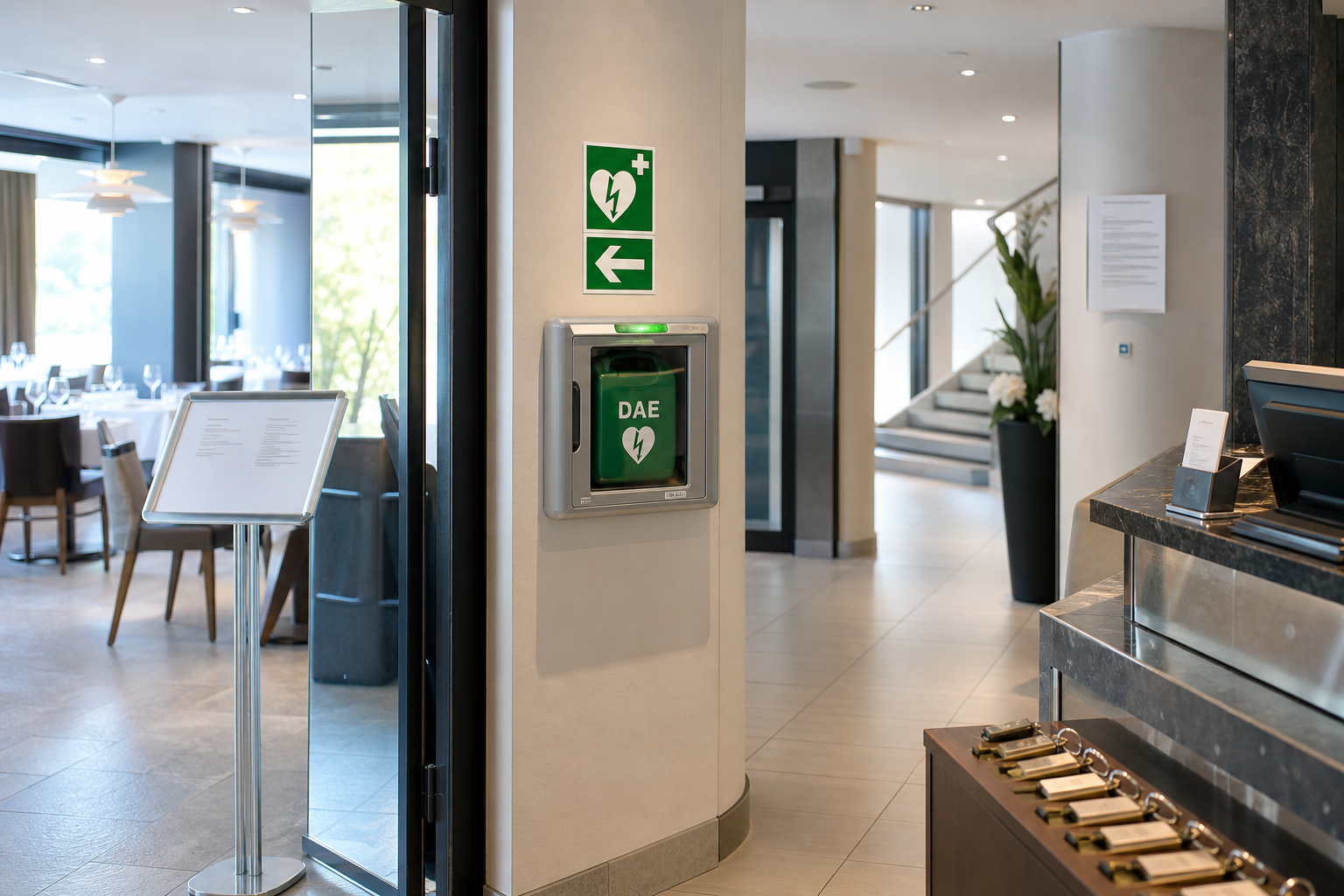 DAE installé dans un établissement CHR avec signalétique ERP visible à l’entrée d’un restaurant-hôtel en France