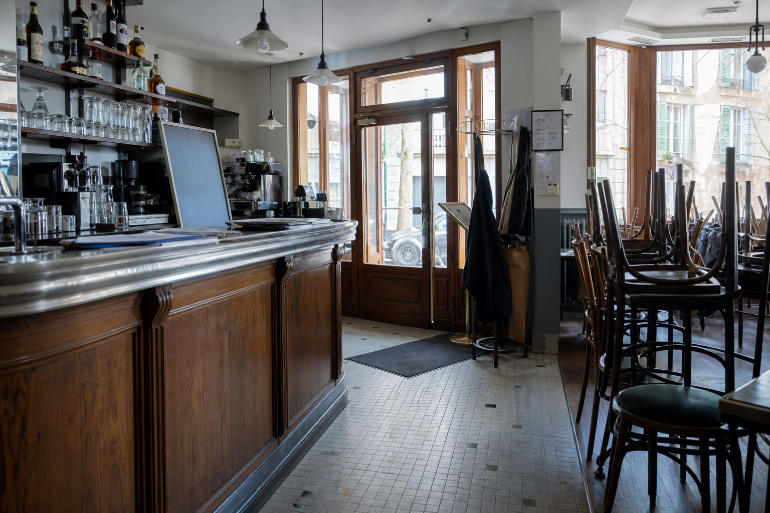 Salle vide de bar-restaurant avant ouverture, avec comptoir et accès visibles pour illustrer la vérification d'un emplacement
