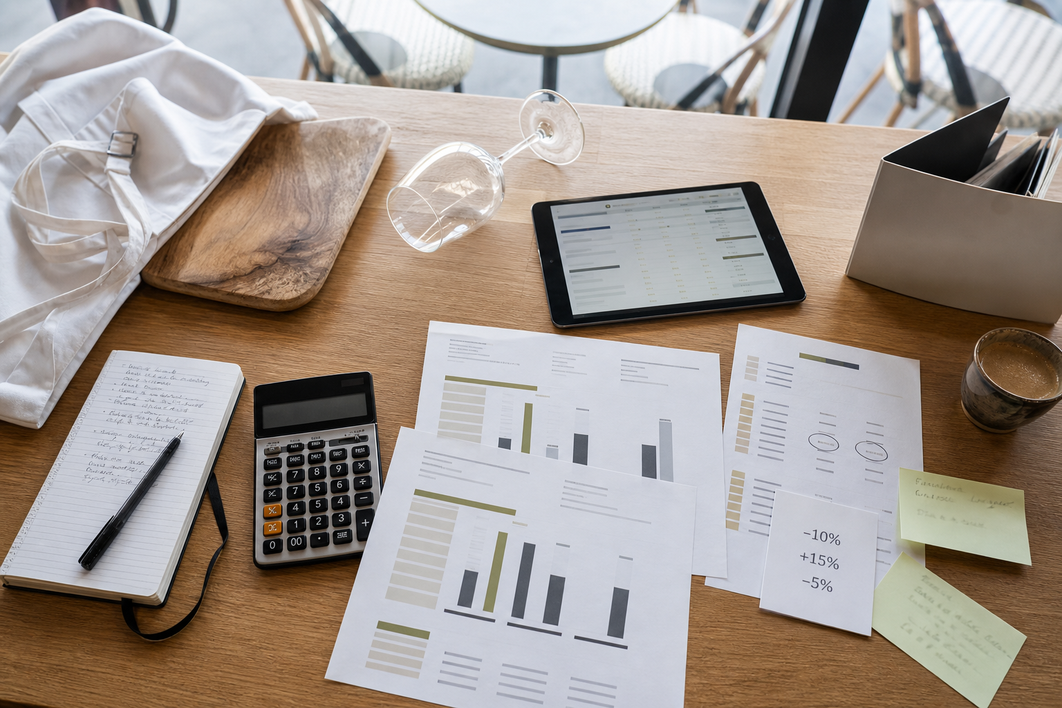 Vue de bureau CHR avec documents de test tarifaire, tablette de réservation, tablier de service et verre à vin pour illustrer le pricing dynamique en restauration.