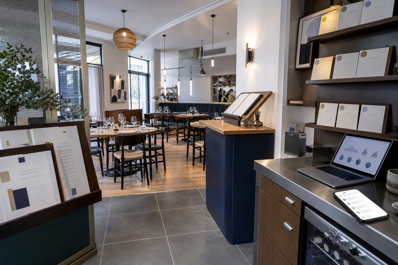 Intérieur photo-réaliste d’un restaurant français moderne illustrant la visibilité digitale GEO dans les IA, avec menus, comptoir et dispositifs numériques discrets.