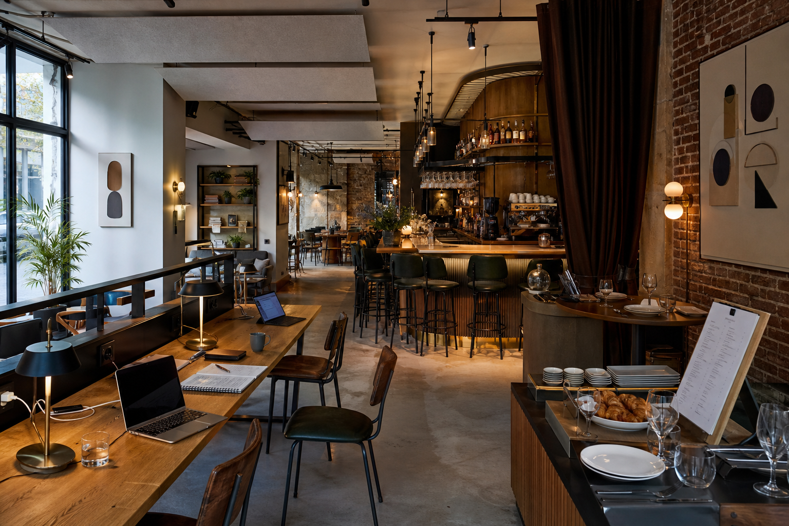 Bar français hybride de type troisième lieu avec espace coworking en journée et comptoir de café-bar, ambiance réaliste et moderne
