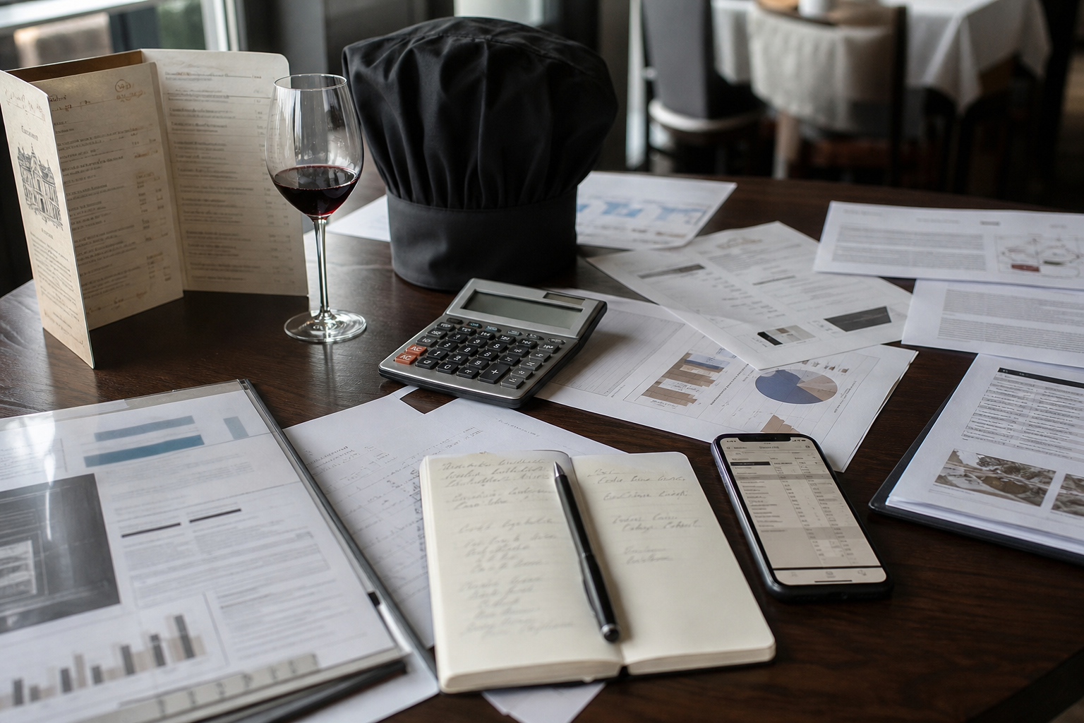 Vue plongeante d’un bureau CHR avec documents d’évaluation, calculatrice, menu de restaurant, toque de chef et ambiance de salle en arrière-plan pour illustrer la valorisation d’un fonds de commerce.