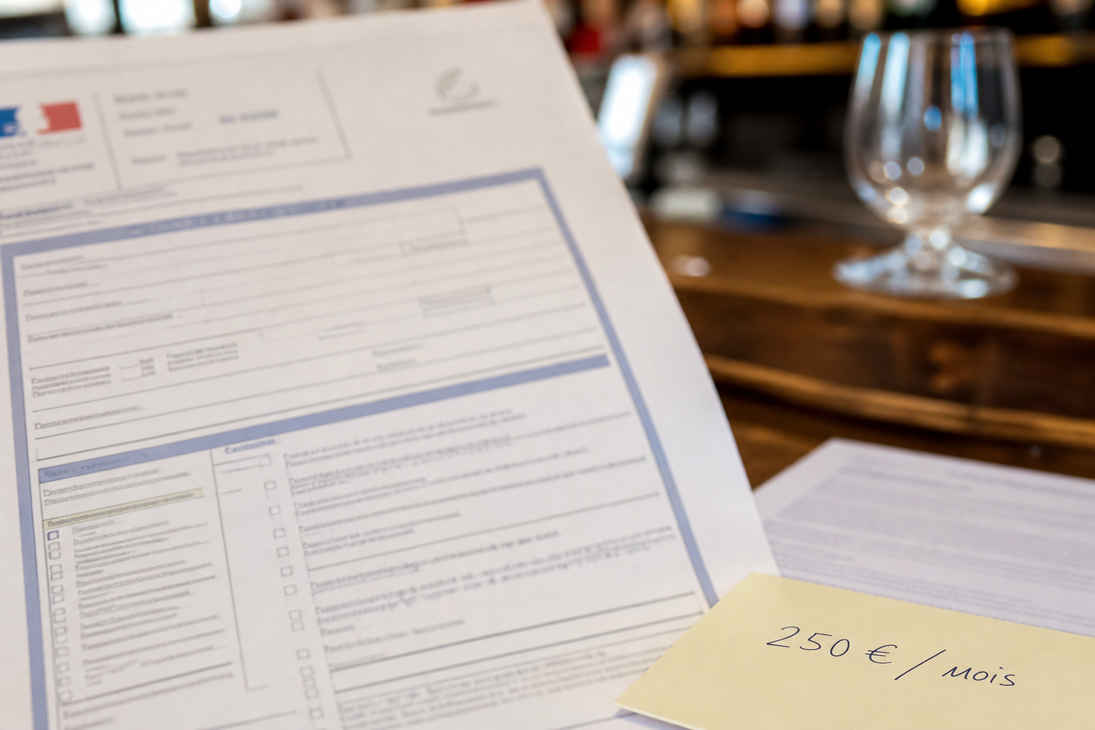 Gros plan sur un dossier municipal de licence III avec la mention 250 € par mois et un comptoir de bar flou en arrière-plan.