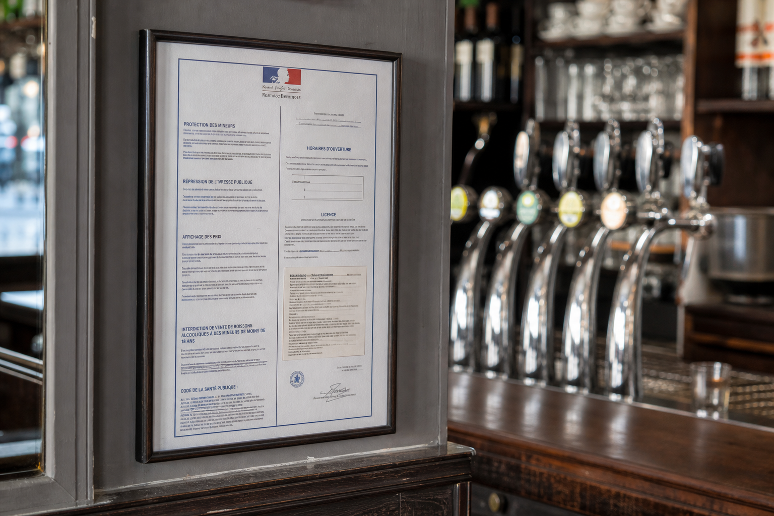 Arrêté préfectoral affiché derrière le comptoir d’un bar, avec verres et tireuses en arrière-plan flou.