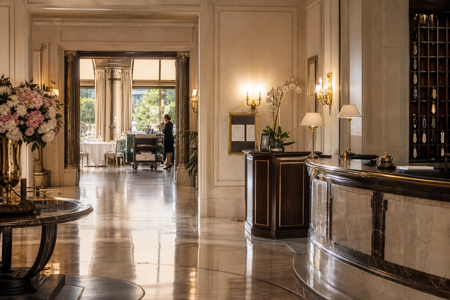 Lobby d’un palace hôtelier en France avec comptoir de réception, ambiance luxueuse et codes du service haut de gamme.