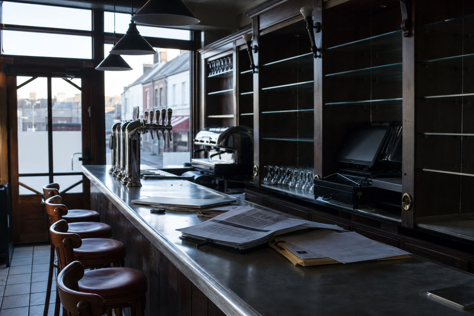 Comptoir de bar vide avant réouverture, avec étagères nues et ambiance administrative liée à une reprise avec licence IV.