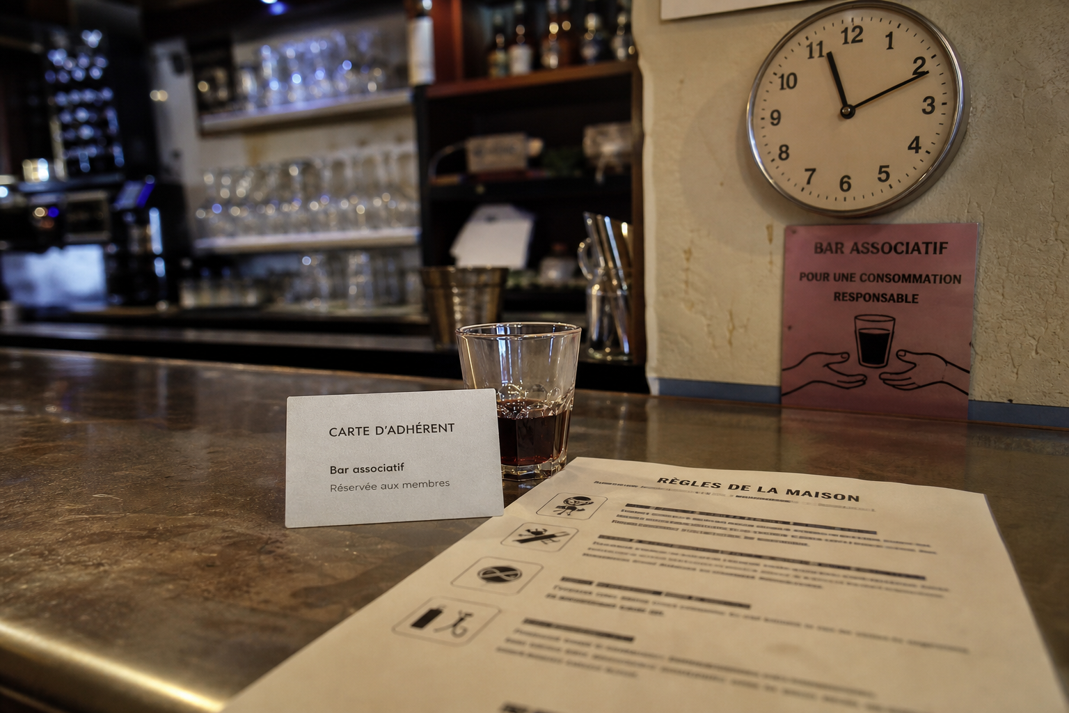 Carte d’adhérent posée sur un comptoir de bar associatif, avec verrerie et horloge en arrière-plan flou.