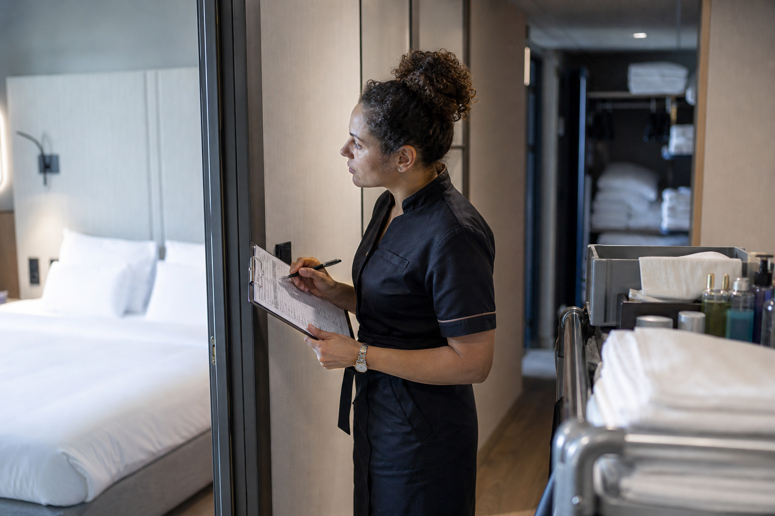 Gouvernante d’hôtel en inspection de chambre avec chariot de linge dans un hôtel français, illustration réaliste du métier de housekeeping manager.