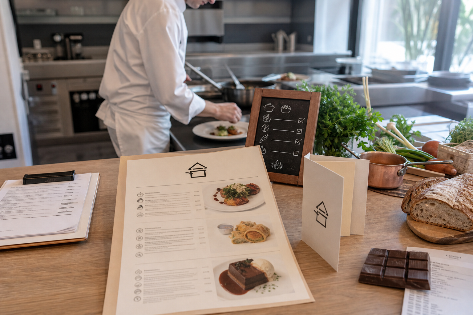 Carte de restaurant avec repères visuels du fait maison, chef en cuisine et ancrage CHR, illustrant les règles d’usage, les produits tolérés et la conformité.
