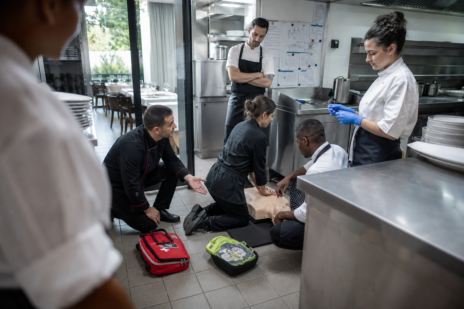 Formation SST en cuisine de restaurant avec démonstration pratique de premiers secours et matériel de prévention CHR