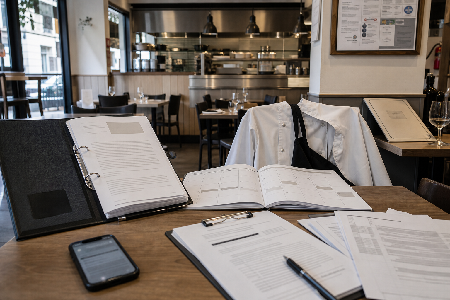 Vue large d’un bureau de suivi conformité dans un restaurant CHR avec calendrier, classeur, documents administratifs et rappels d’échéances, dans un décor de salle et cuisine professionnelle.