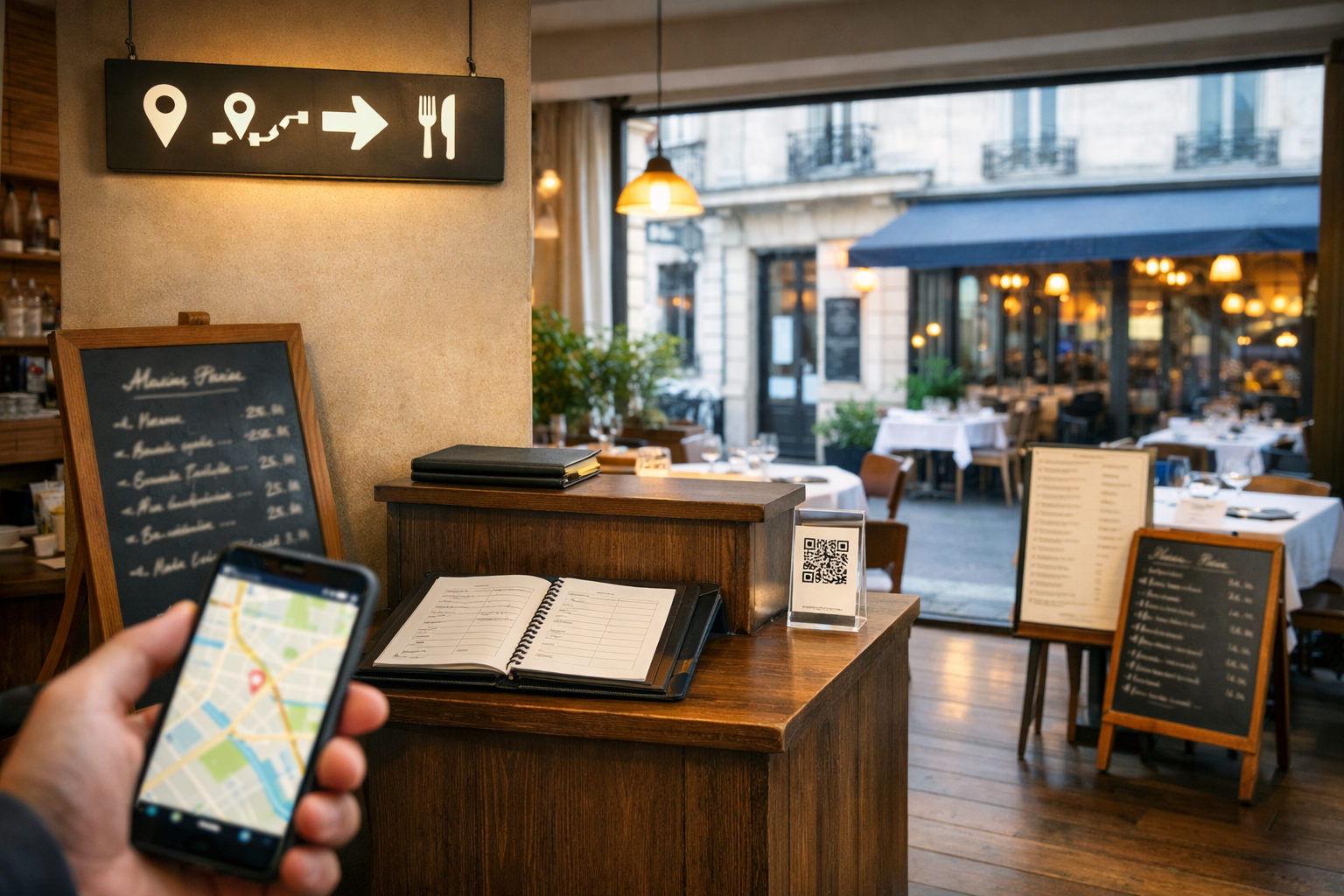 Restaurant français moderne avec entrée visible, menu, comptoir d’accueil et indices de réservation pour illustrer la présence digitale locale en 2026.