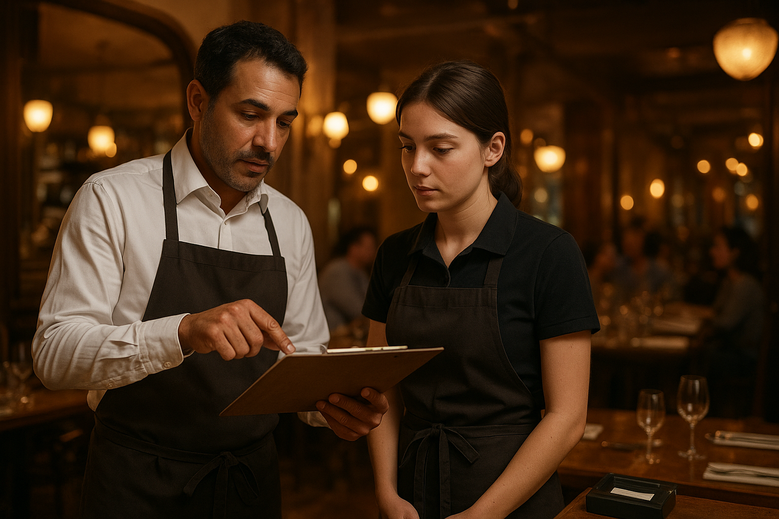 Tuteur en restauration formant un alternant avec une checklist d’intégration, dans une salle de restaurant française en service