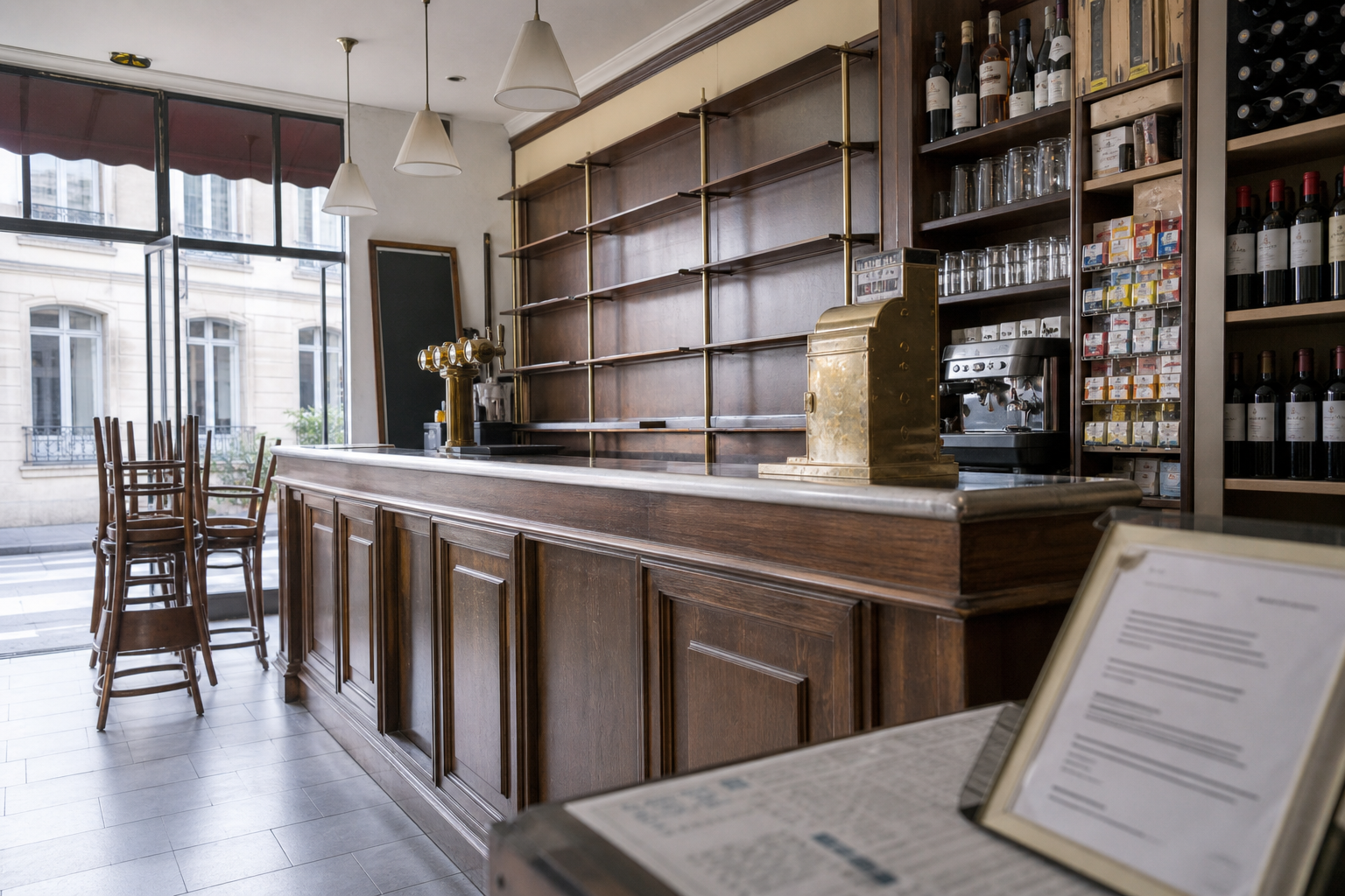 Intérieur vide d’un bar-tabac français avant ouverture, avec comptoir, zone tabac et ambiance de café CHR, lumière matinale naturelle.