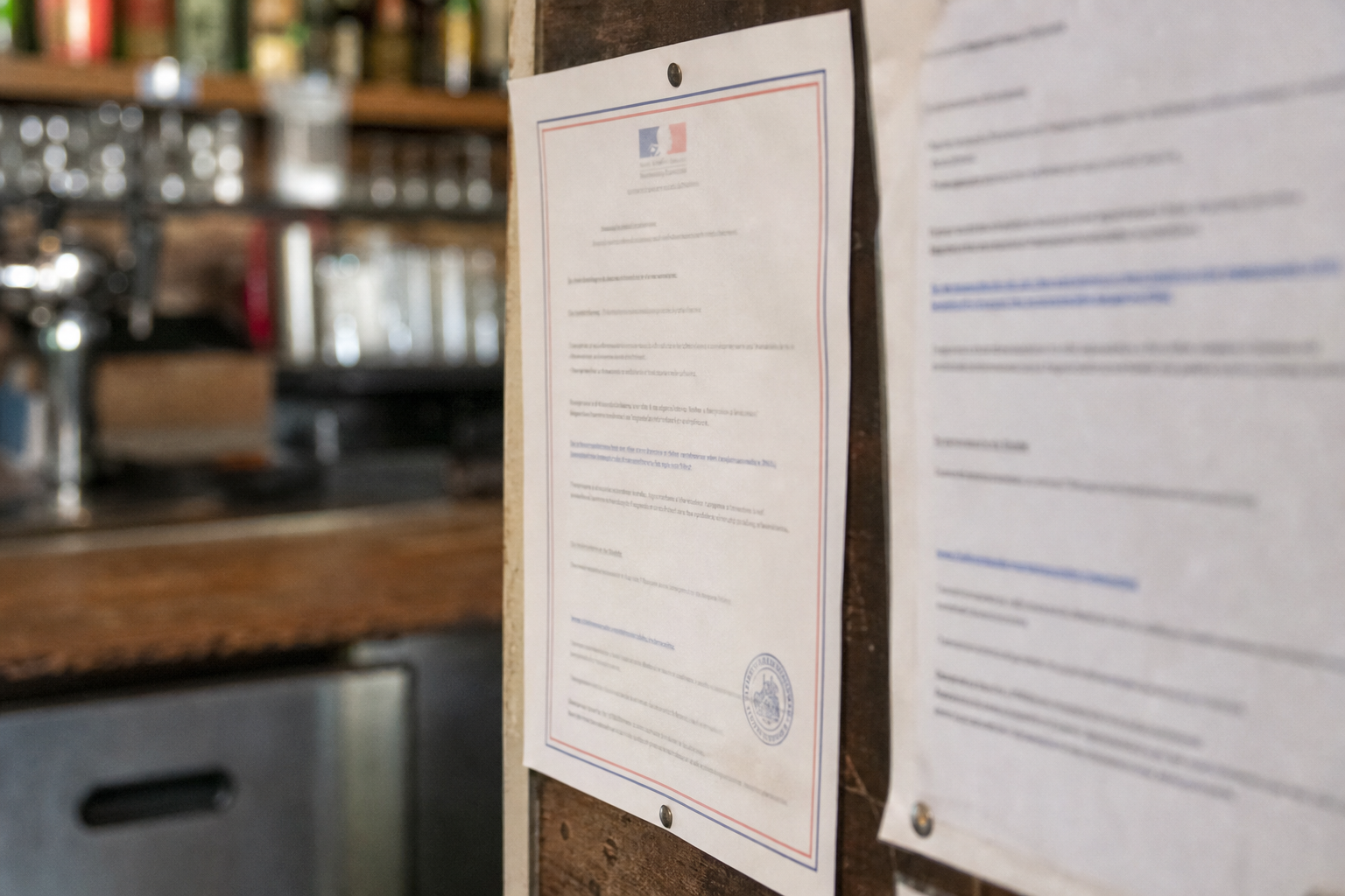 Gros plan sur un arrêté municipal affiché dans l’arrière-zone d’un débit de boissons, avec comptoir flou en arrière-plan.