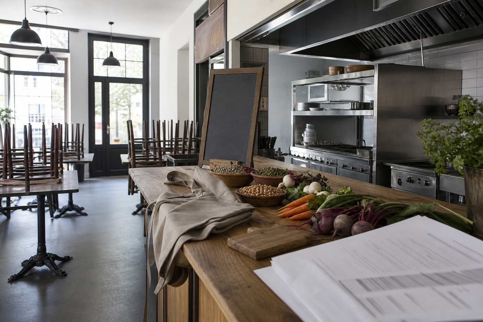 Salle de restaurant vide avant ouverture d’un restaurant végétarien, avec cuisine inox partiellement visible et ingrédients de saison, ambiance éditoriale réaliste en France.