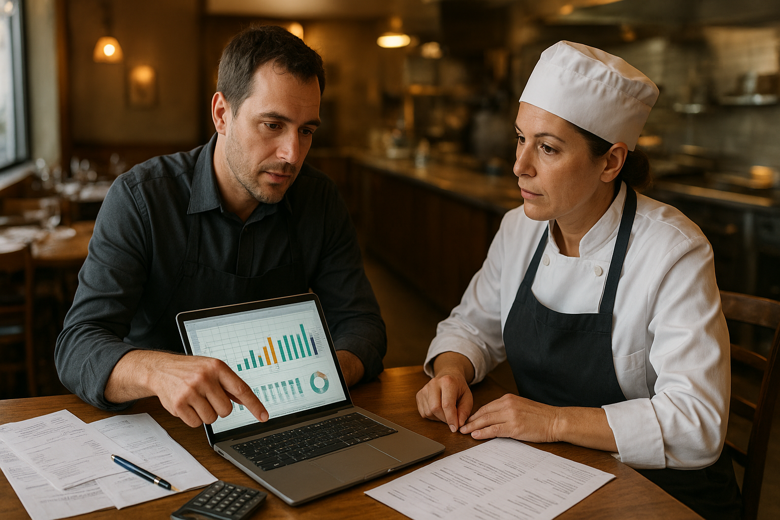 Gérant et cheffe de cuisine analysant un tableau de bord mensuel sur ordinateur dans un restaurant français, avec tickets de caisse et factures, illustrant le pilotage de la rentabilité (food cost, masse salariale, point mort).