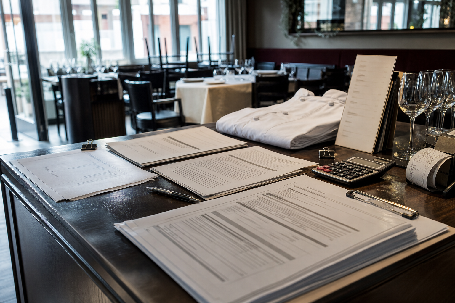 Documents d’audit et menu sur une table de restaurant avant une reprise, avec salle dressée en arrière-plan