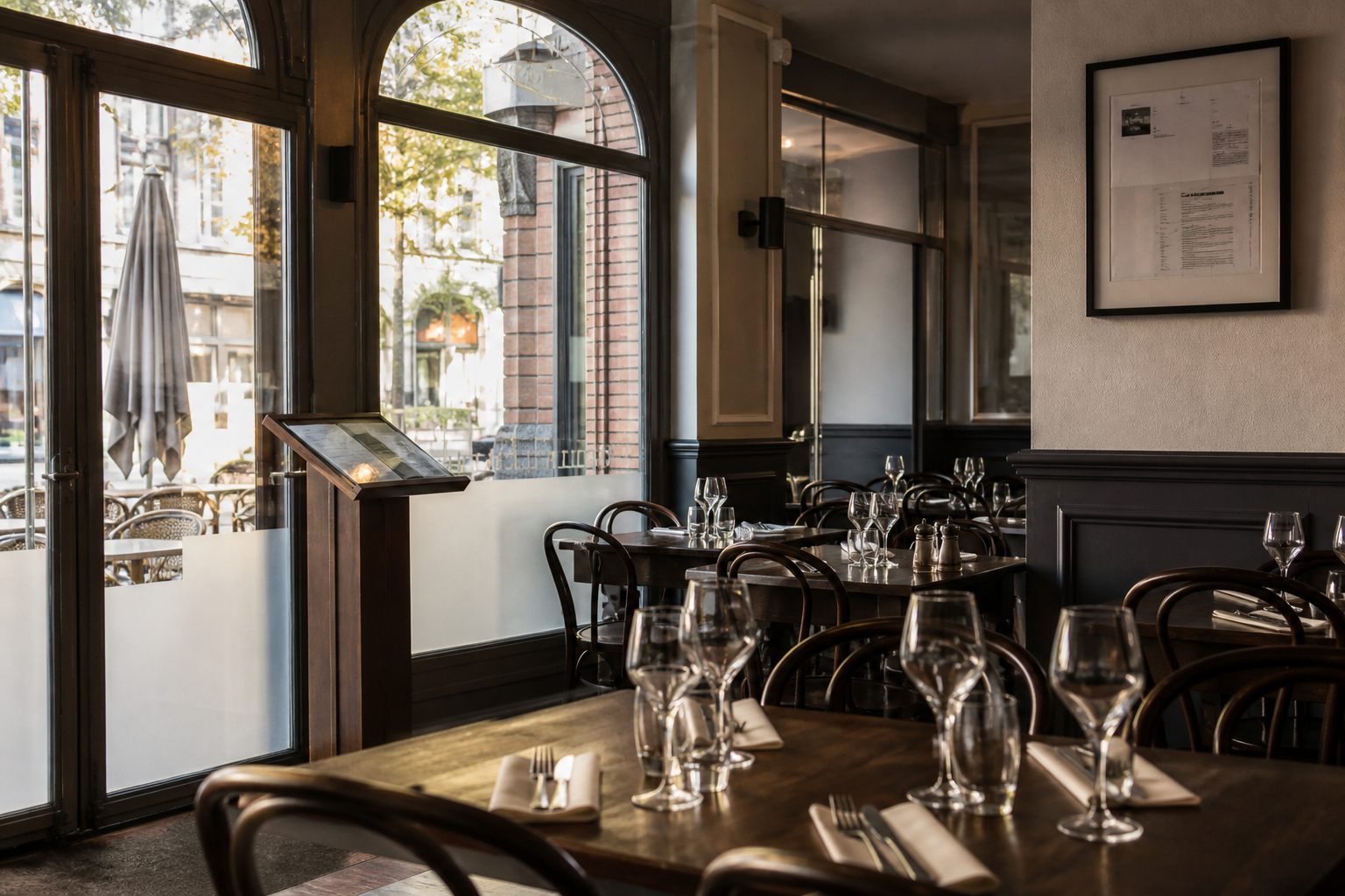 Salle de restaurant vide avant ouverture, avec tables dressées et verres à vin, évoquant les démarches préalables au service d’alcool.