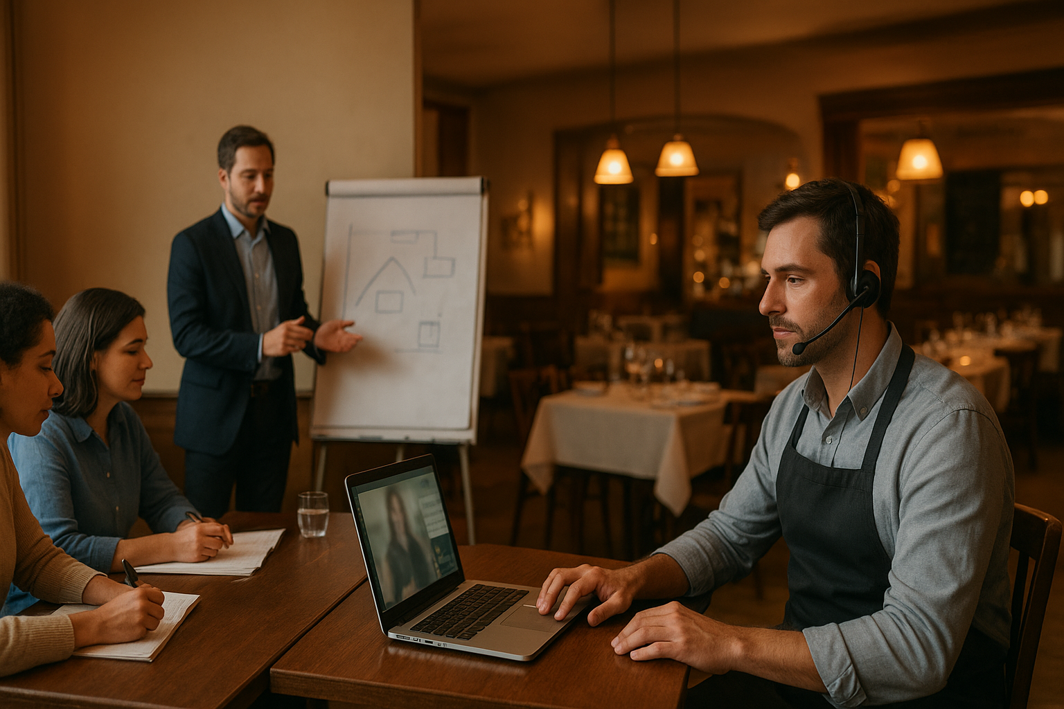 Formation professionnelle CHR : scène en restaurant montrant un groupe en présentiel et un manager suivant une formation en visioconférence sur ordinateur, ambiance brasserie française, format paysage.