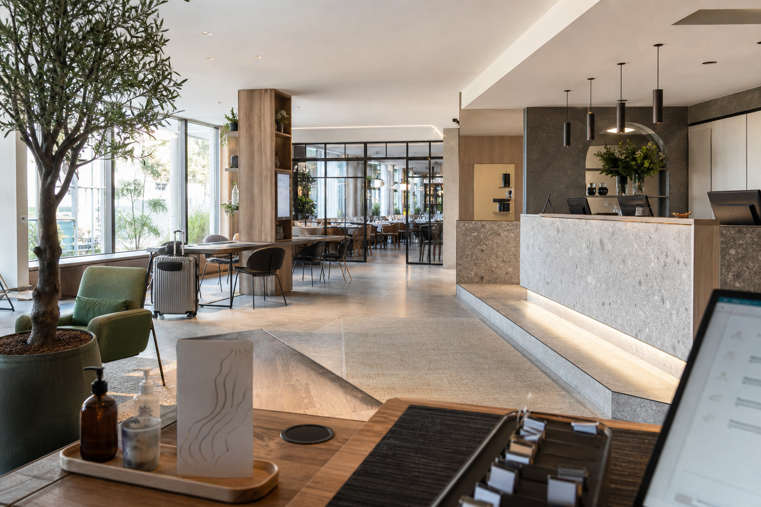 Hall d’hôtel lifestyle moderne en France, avec réception, espace coworking, salle de restaurant en arrière-plan et ambiance premium liée au classement Atout France et aux critères durables.
