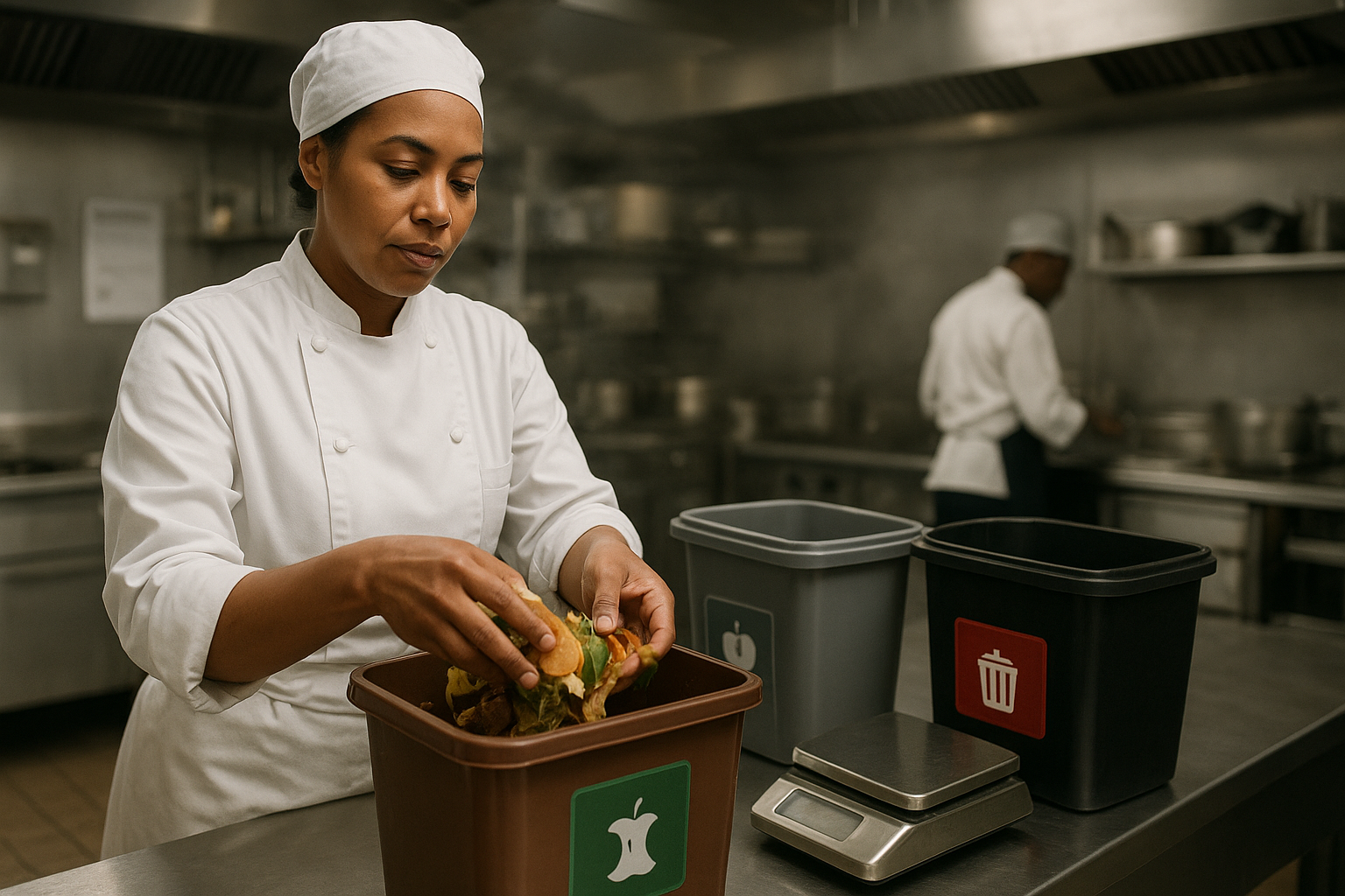 Chef en cuisine professionnelle triant des biodéchets dans des bacs dédiés et pesant les déchets alimentaires, illustrant les obligations 2026 et la réduction du gaspillage en restauration.