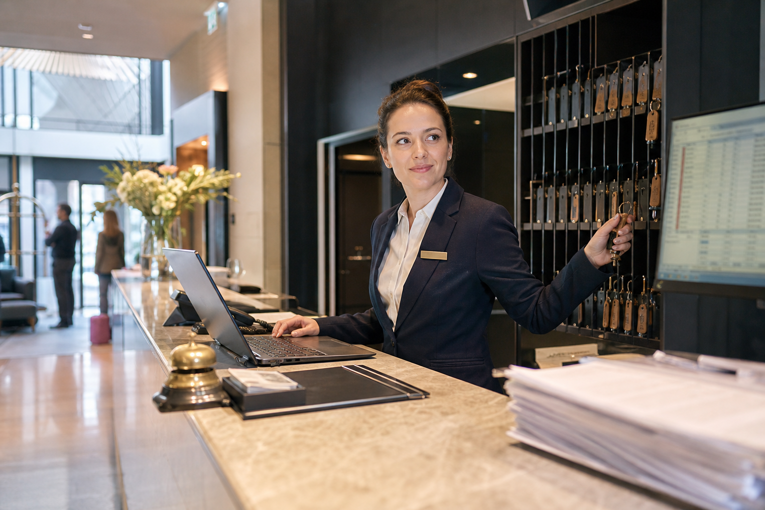 Chef de réception dans un hôtel, derrière le comptoir du front office, avec ordinateur de réception et clés de chambres, ambiance photo-réaliste de management hôtelier.