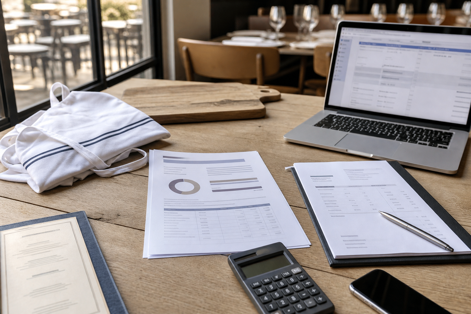 Vue plongeante d’un bureau CHR avec documents de financement, calculatrice et ancrages restaurant pour illustrer les plafonds AGEFICE 2026