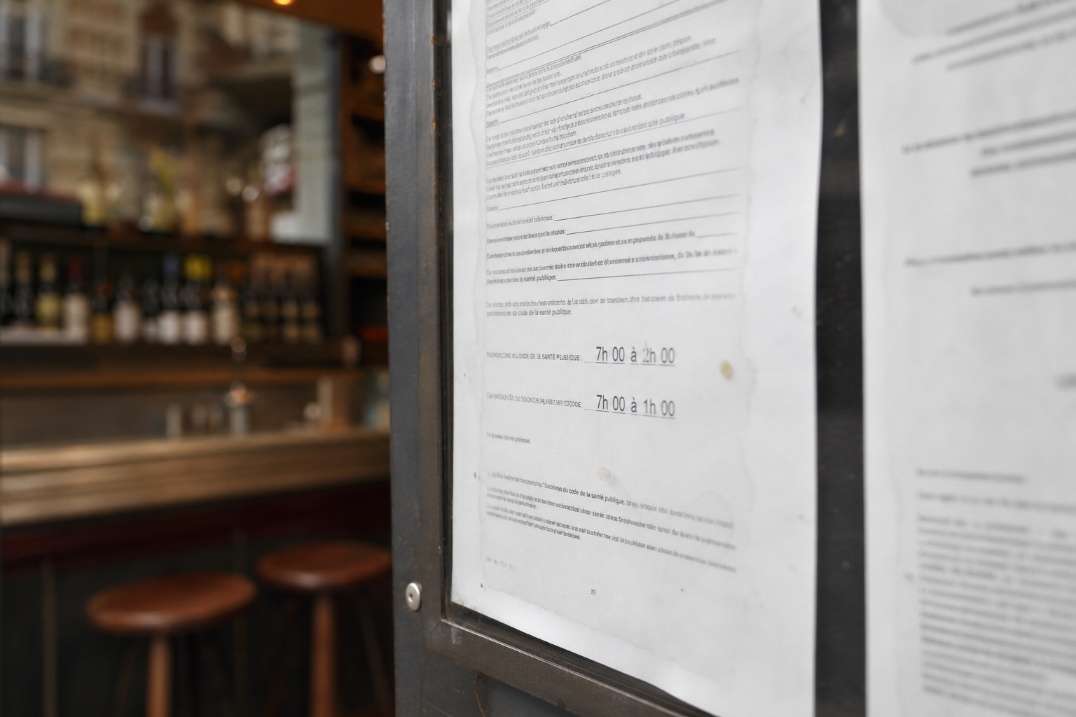 Gros plan sur un panneau d’affichage réglementaire dans un bar, avec documents municipaux flous et comptoir en arrière-plan.