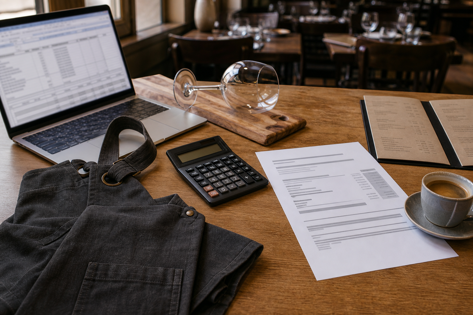 Vue plongeante d’un bureau CHR avec devis, calculatrice et éléments de restaurant pour illustrer les plafonds AKTO 2026 et le reste à charge